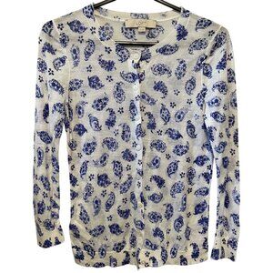 💙 LOFT XS Blue & White Paisley Cardigan – Lightweight Knit Sweater